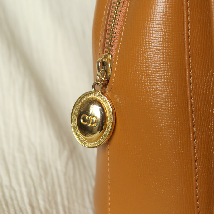 Christian Dior Vintage Caramel Brown Grained Leather CD Turn lock Top Handle Bag