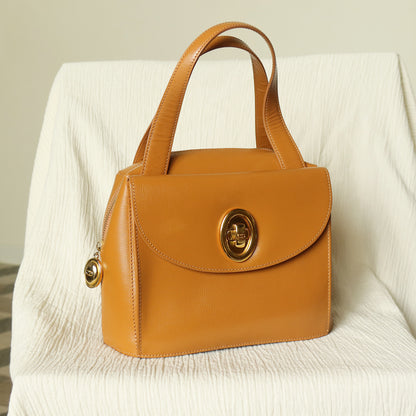 Christian Dior Vintage Caramel Brown Grained Leather CD Turn lock Top Handle Bag