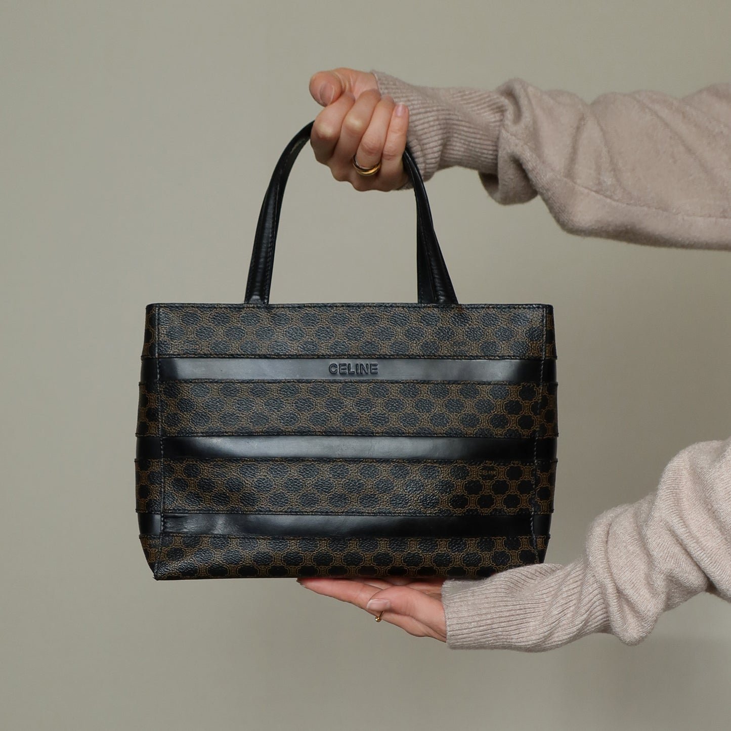 Celine Vintage Black Stripe Macadam Triomphe City Tote Bag