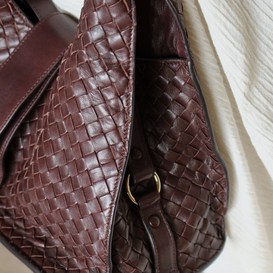 Bottega Veneta Vintage Dark Brown Intrecciato Leather Belt Hobo Shoulder Bag