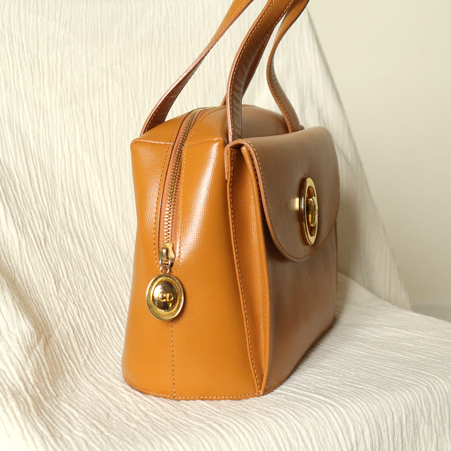 Christian Dior Vintage Caramel Brown Grained Leather CD Turn lock Top Handle Bag