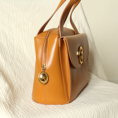 Christian Dior Vintage Caramel Brown Grained Leather CD Turn lock Top Handle Bag