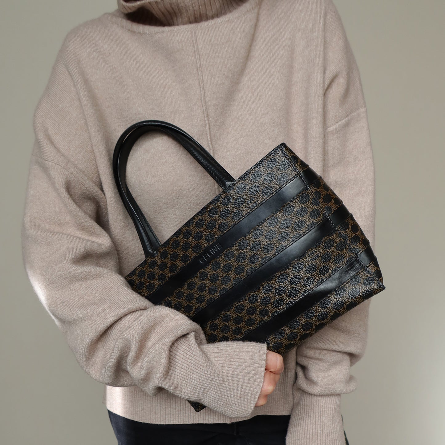 Celine Vintage Black Stripe Macadam Triomphe City Tote Bag