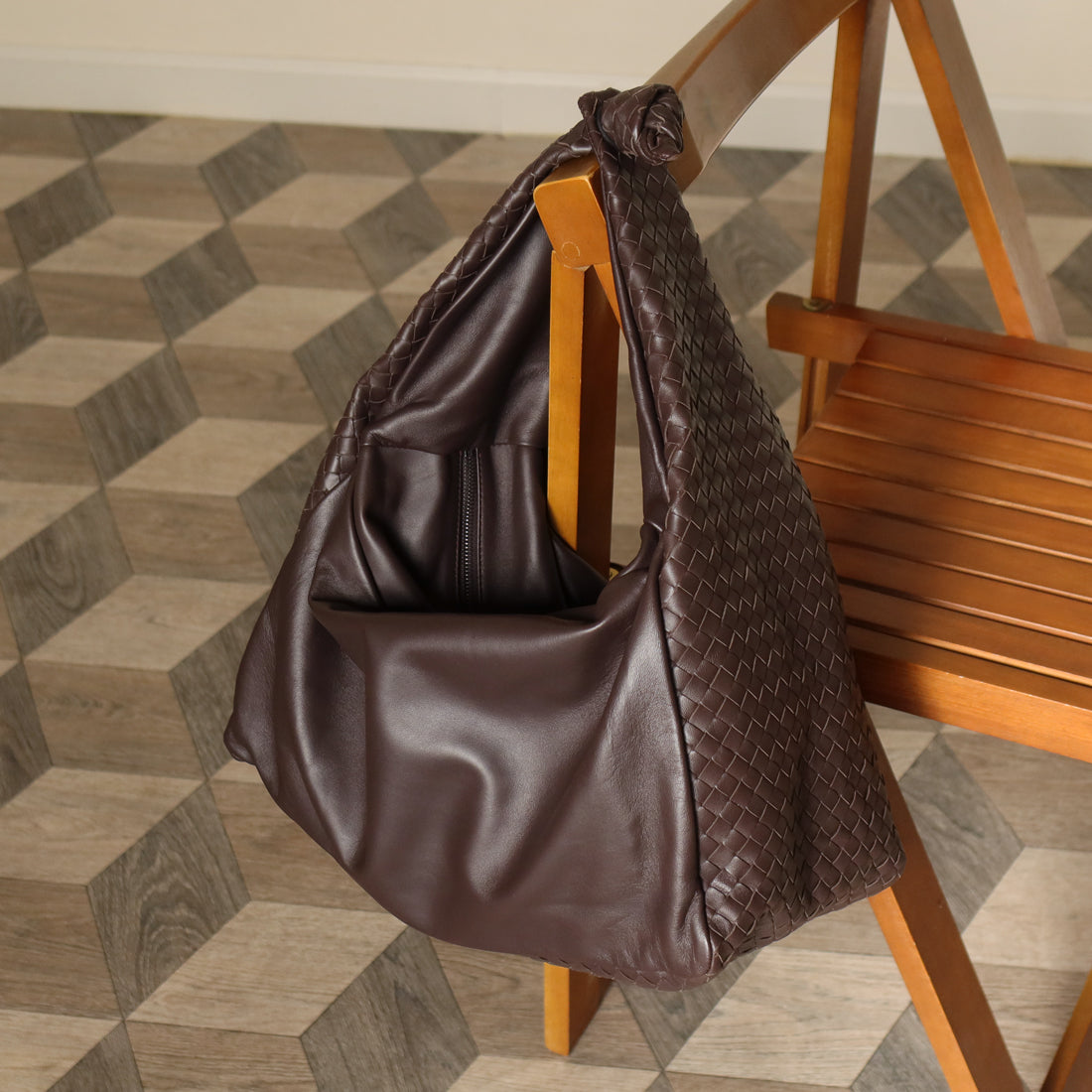 Bottega Veneta Dark Brown Intrecciato Weave Knot Hobo Shoulder Bag