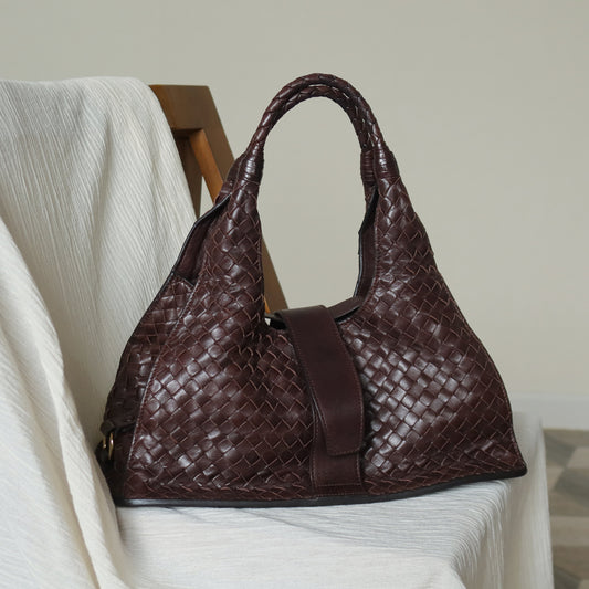 Bottega Veneta Vintage Dark Brown Intrecciato Leather Belt Hobo Shoulder Bag