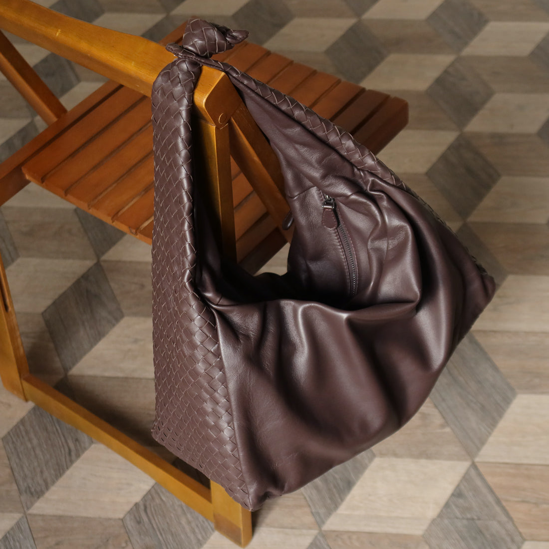 Bottega Veneta Dark Brown Intrecciato Weave Knot Hobo Shoulder Bag