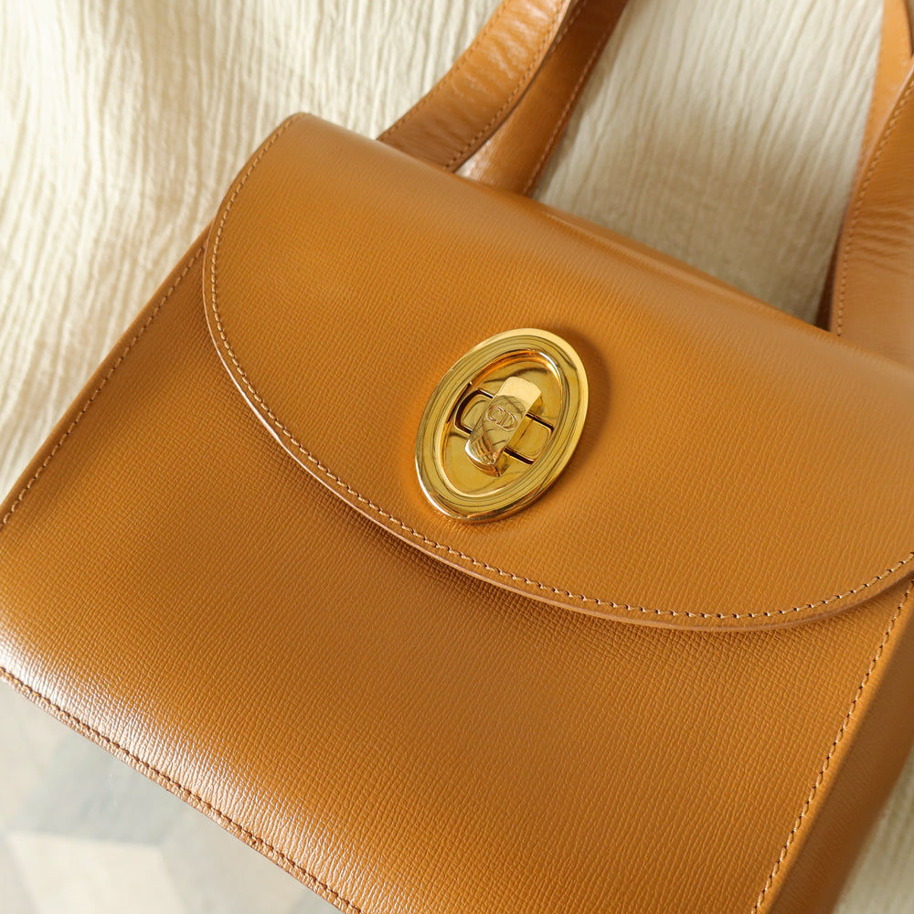 Christian Dior Vintage Caramel Brown Grained Leather CD Turn lock Top Handle Bag