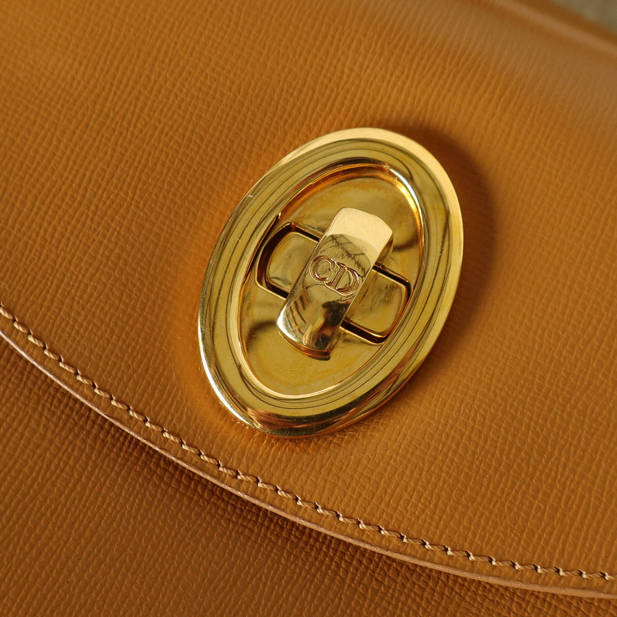 Christian Dior Vintage Caramel Brown Grained Leather CD Turn lock Top Handle Bag