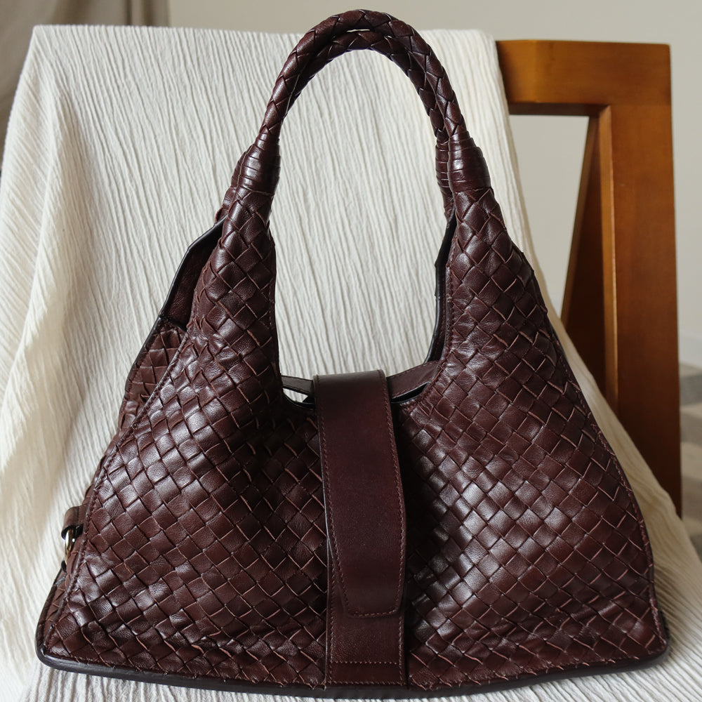 Bottega Veneta Vintage Dark Brown Intrecciato Leather Belt Hobo Shoulder Bag