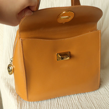 Christian Dior Vintage Caramel Brown Grained Leather CD Turn lock Top Handle Bag