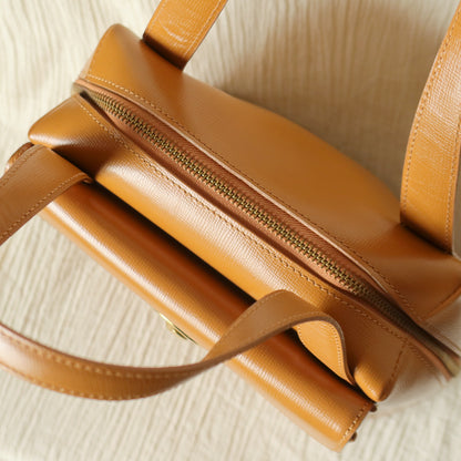 Christian Dior Vintage Caramel Brown Grained Leather CD Turn lock Top Handle Bag