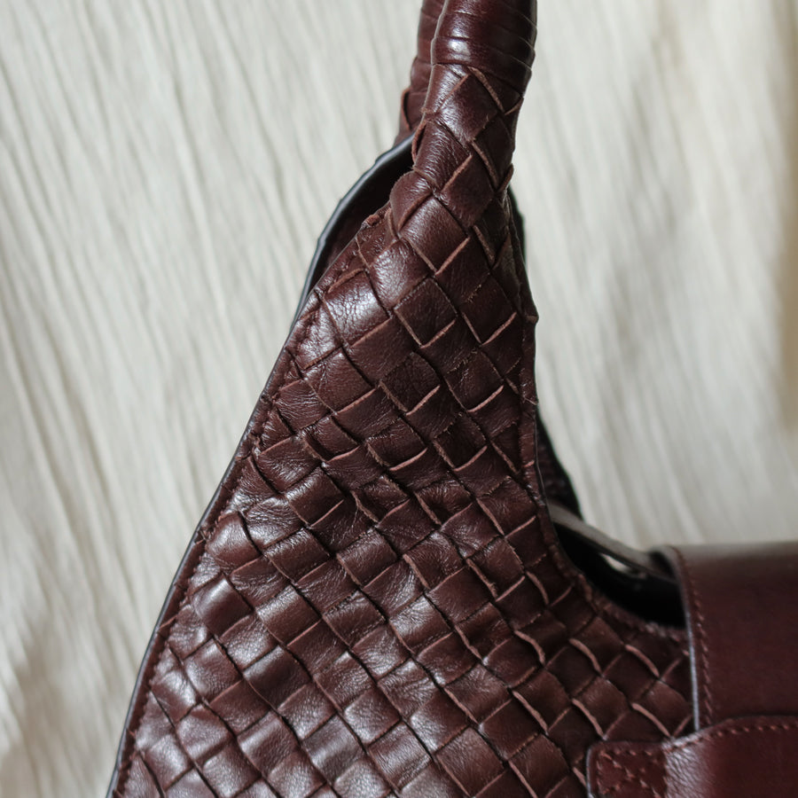 Bottega Veneta Vintage Dark Brown Intrecciato Leather Belt Hobo Shoulder Bag