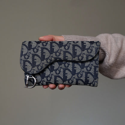 Christian Dior Pre-loved Black Trotter Oblique Jacquard Saddle Flap Wallet