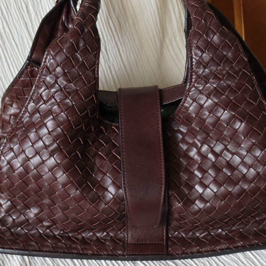 Bottega Veneta Vintage Dark Brown Intrecciato Leather Belt Hobo Shoulder Bag