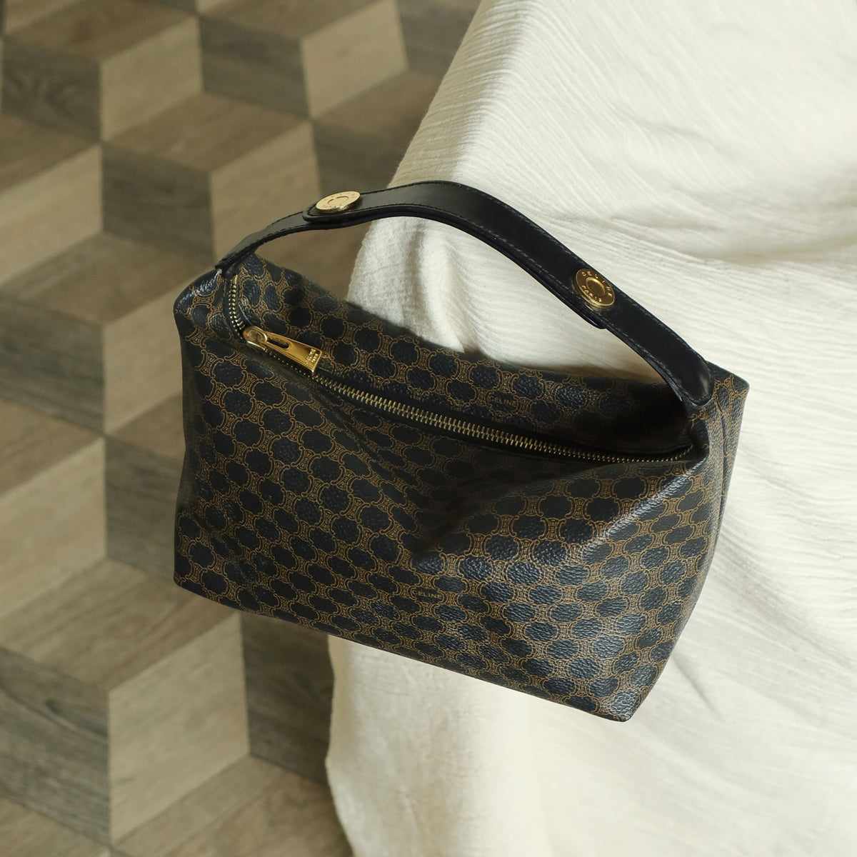 Celine Vintage Black Brown Macadam Triomphe Top Handle 2 way Shoulder Bag