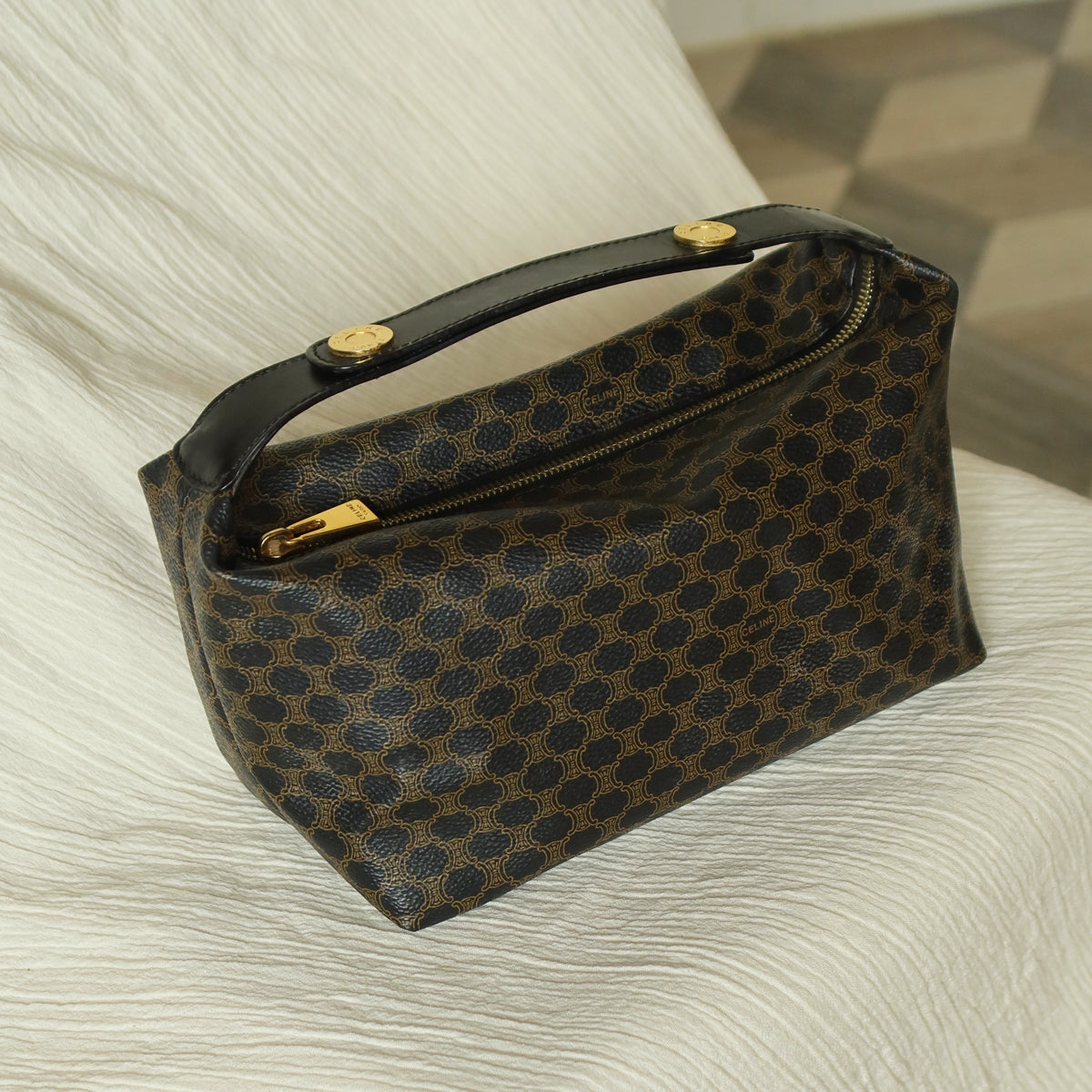 Celine Vintage Black Brown Macadam Triomphe Top Handle 2 way Shoulder Bag