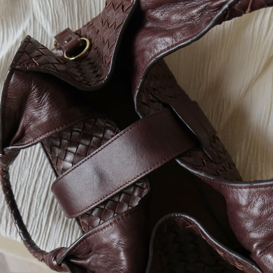 Bottega Veneta Vintage Dark Brown Intrecciato Leather Belt Hobo Shoulder Bag