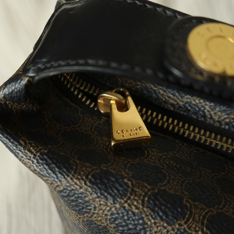 Celine Vintage Black Brown Macadam Triomphe Top Handle 2 way Shoulder Bag