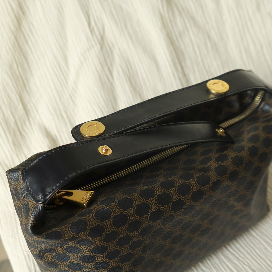 Celine Vintage Black Brown Macadam Triomphe Top Handle 2 way Shoulder Bag