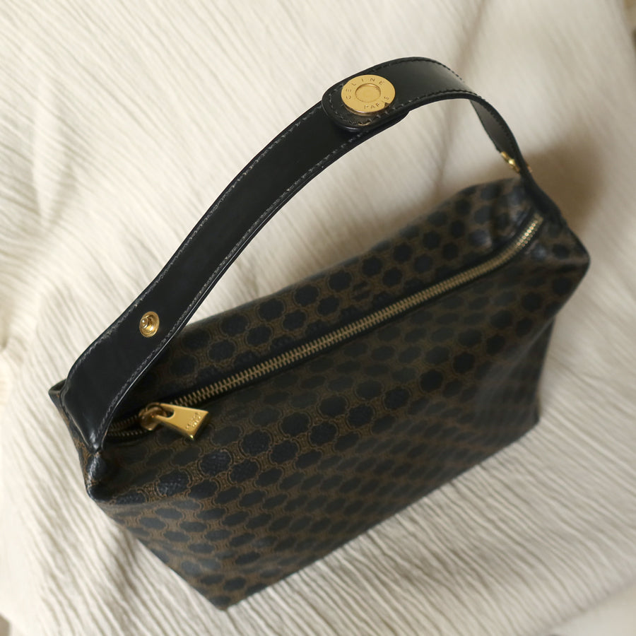 Celine Vintage Black Brown Macadam Triomphe Top Handle 2 way Shoulder Bag