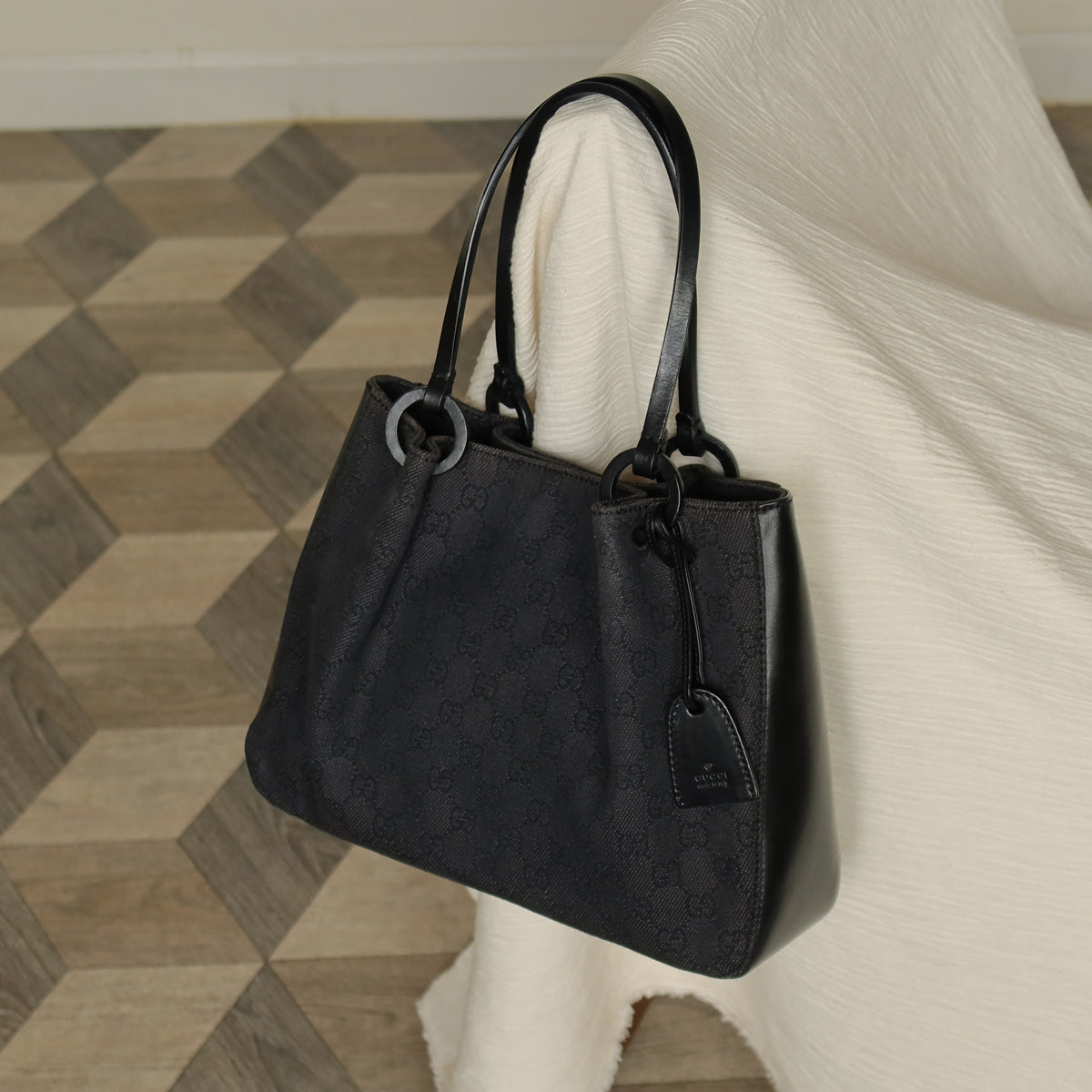 Gucci Vintage Black Denim-Canvas Leather Daily Tote Shoulder Bag with Gucci Charm