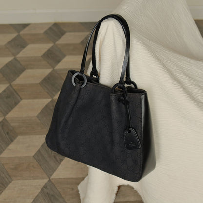Gucci Vintage Black Denim-Canvas Leather Daily Tote Shoulder Bag with Gucci Charm