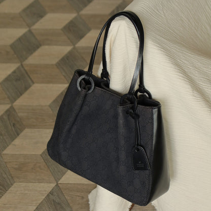 Gucci Vintage Black Denim-Canvas Leather Daily Tote Shoulder Bag with Gucci Charm