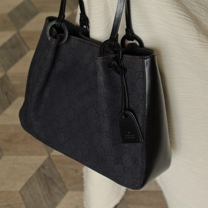Gucci Vintage Black Denim-Canvas Leather Daily Tote Shoulder Bag with Gucci Charm