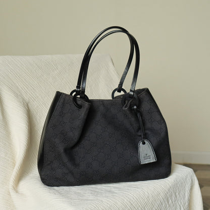 Gucci Vintage Black Denim-Canvas Leather Daily Tote Shoulder Bag with Gucci Charm