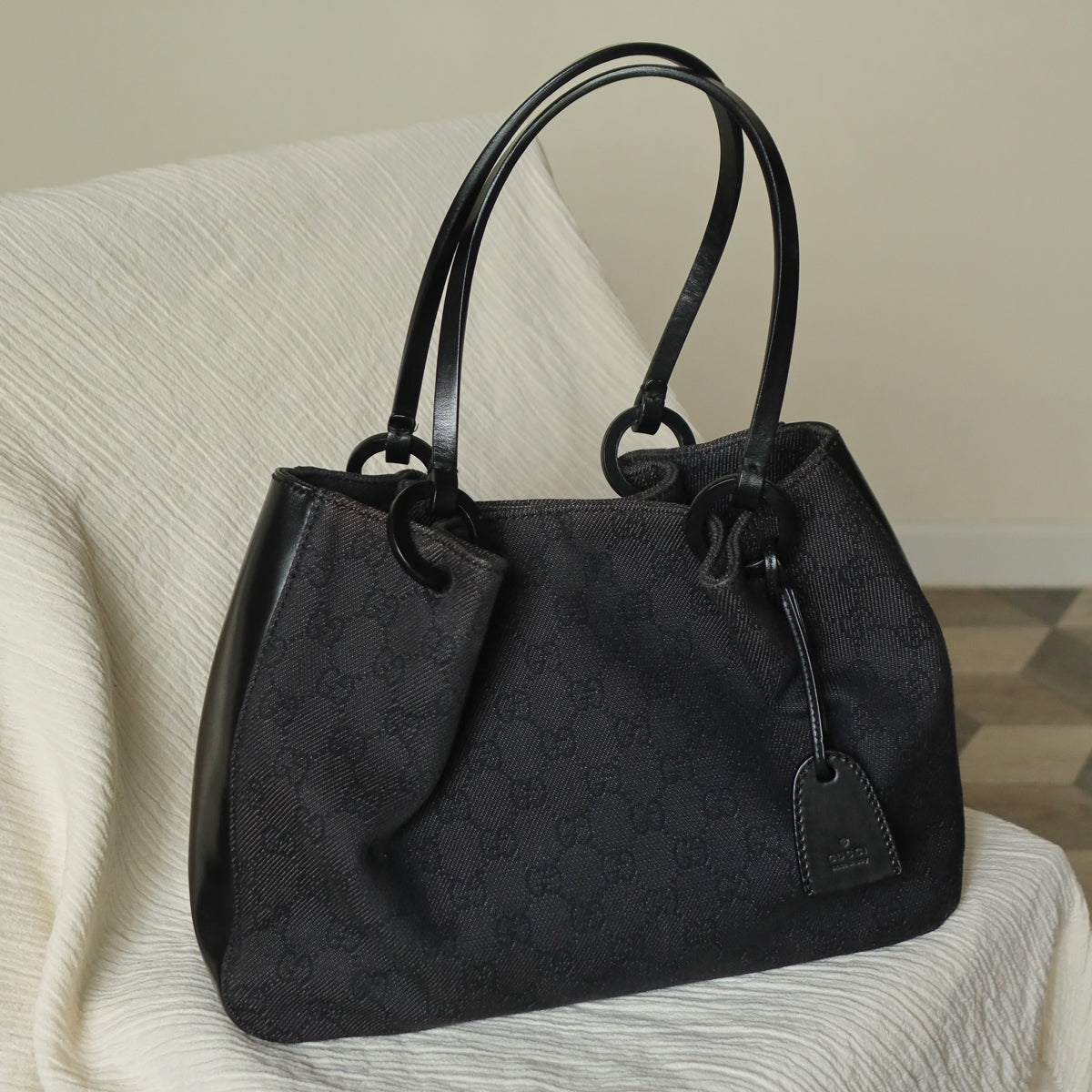 Gucci Vintage Black Denim-Canvas Leather Daily Tote Shoulder Bag with Gucci Charm