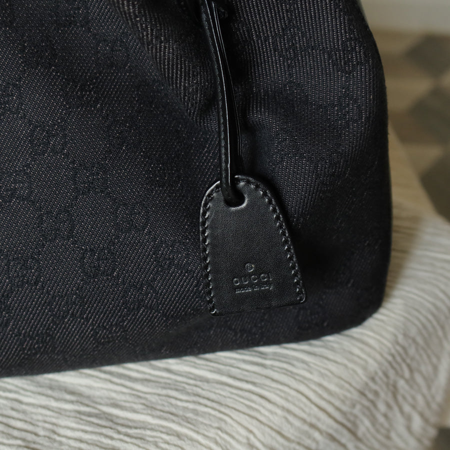 Gucci Vintage Black Denim-Canvas Leather Daily Tote Shoulder Bag with Gucci Charm