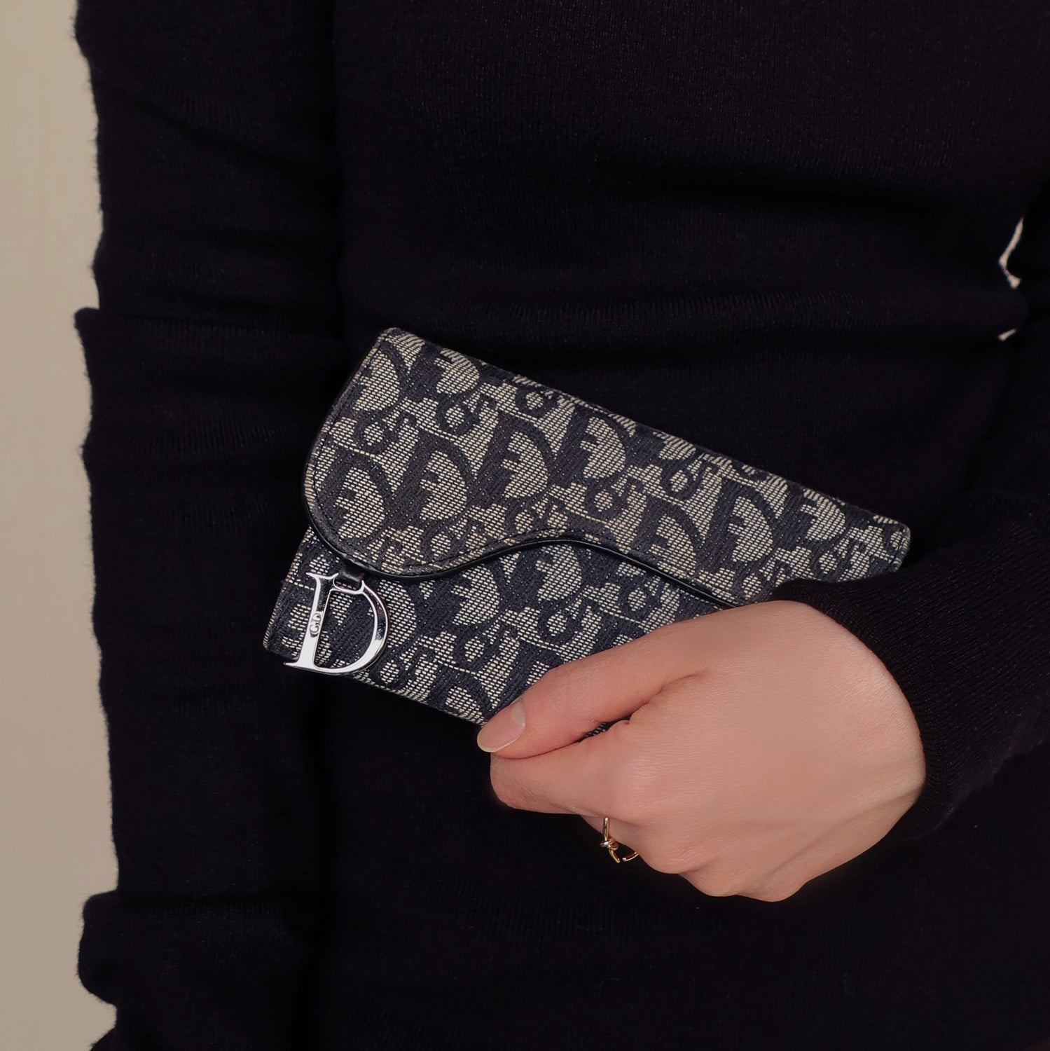 Christian Dior Pre-loved Black Trotter Oblique Jacquard Saddle Flap Wallet