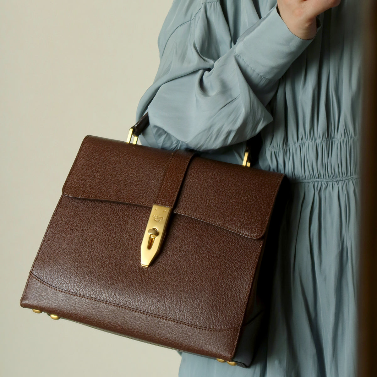 Rare Celine Vintage Dark Brown Gold Turn lock Top Handle Shoulder Flap Bag