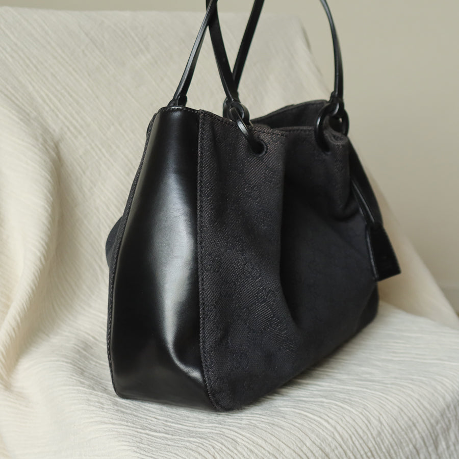 Gucci Vintage Black Denim-Canvas Leather Daily Tote Shoulder Bag with Gucci Charm