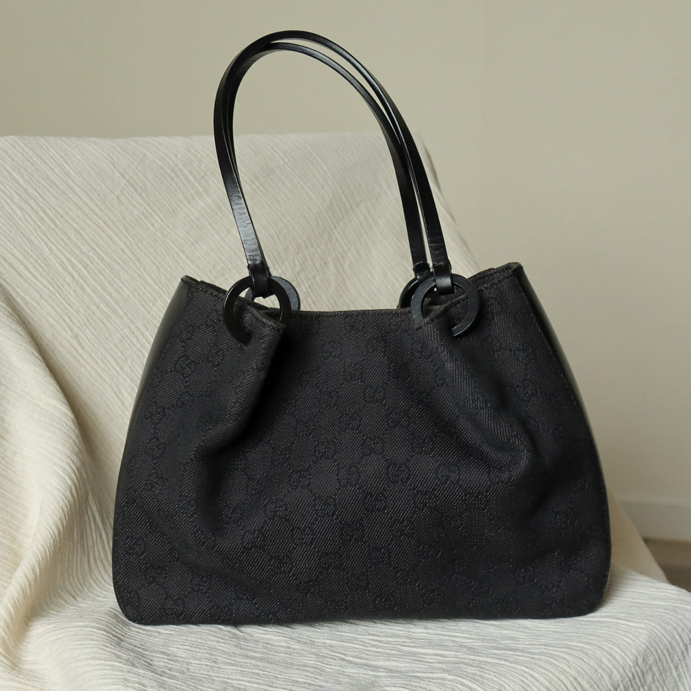 Gucci Vintage Black Denim-Canvas Leather Daily Tote Shoulder Bag with Gucci Charm