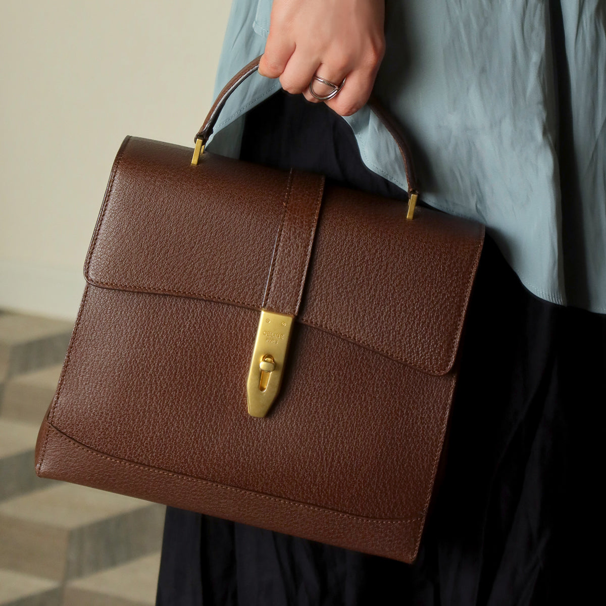 Rare Celine Vintage Dark Brown Gold Turn lock Top Handle Shoulder Flap Bag