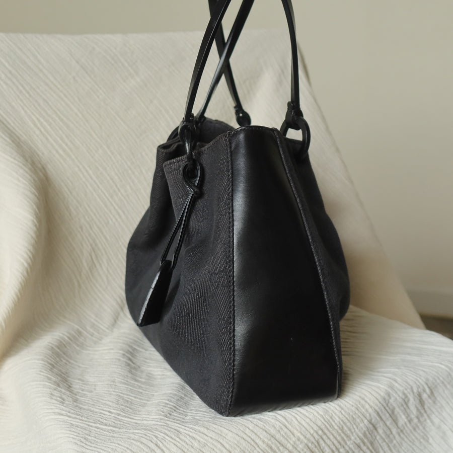 Gucci Vintage Black Denim-Canvas Leather Daily Tote Shoulder Bag with Gucci Charm