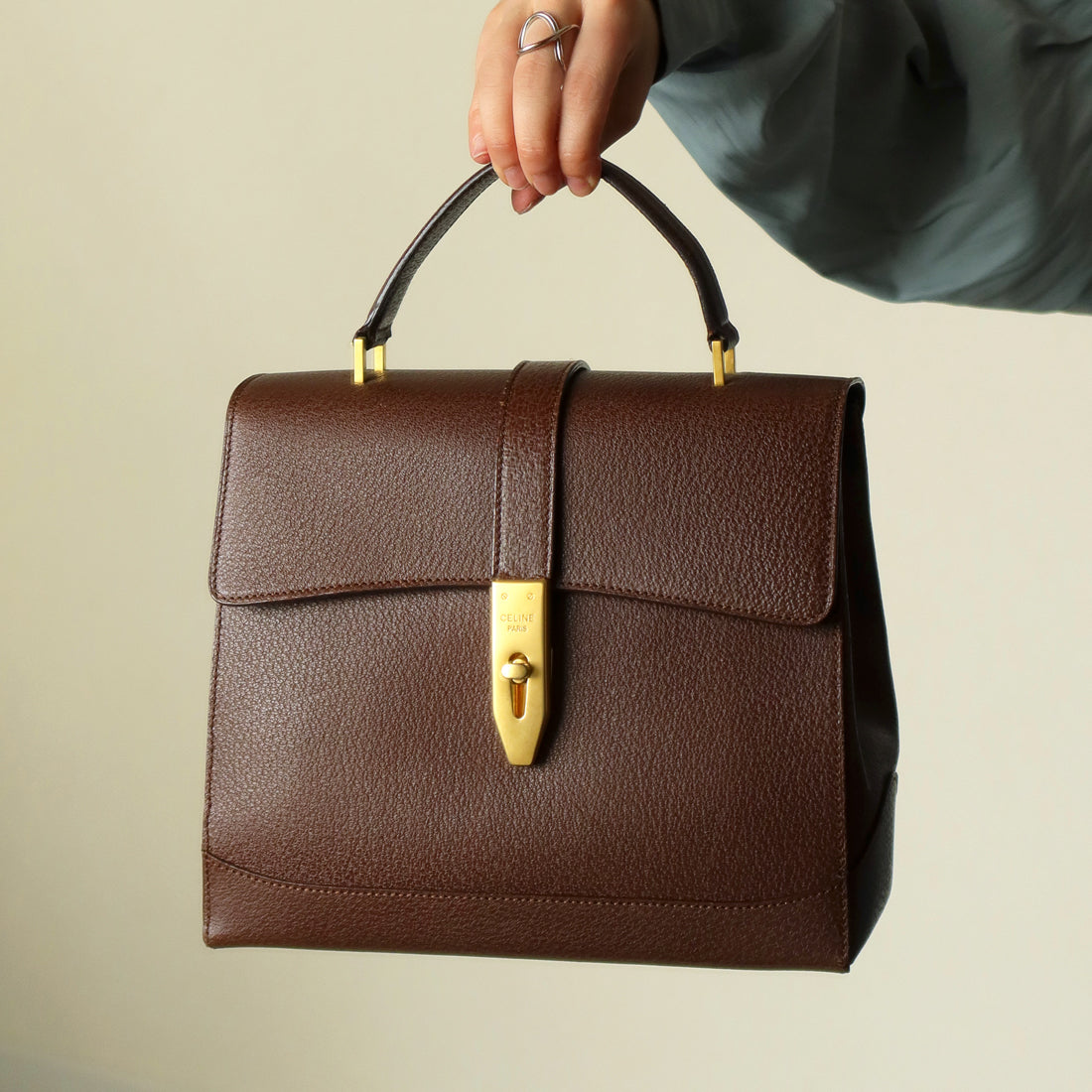 Rare Celine Vintage Dark Brown Gold Turn lock Top Handle Shoulder Flap Bag