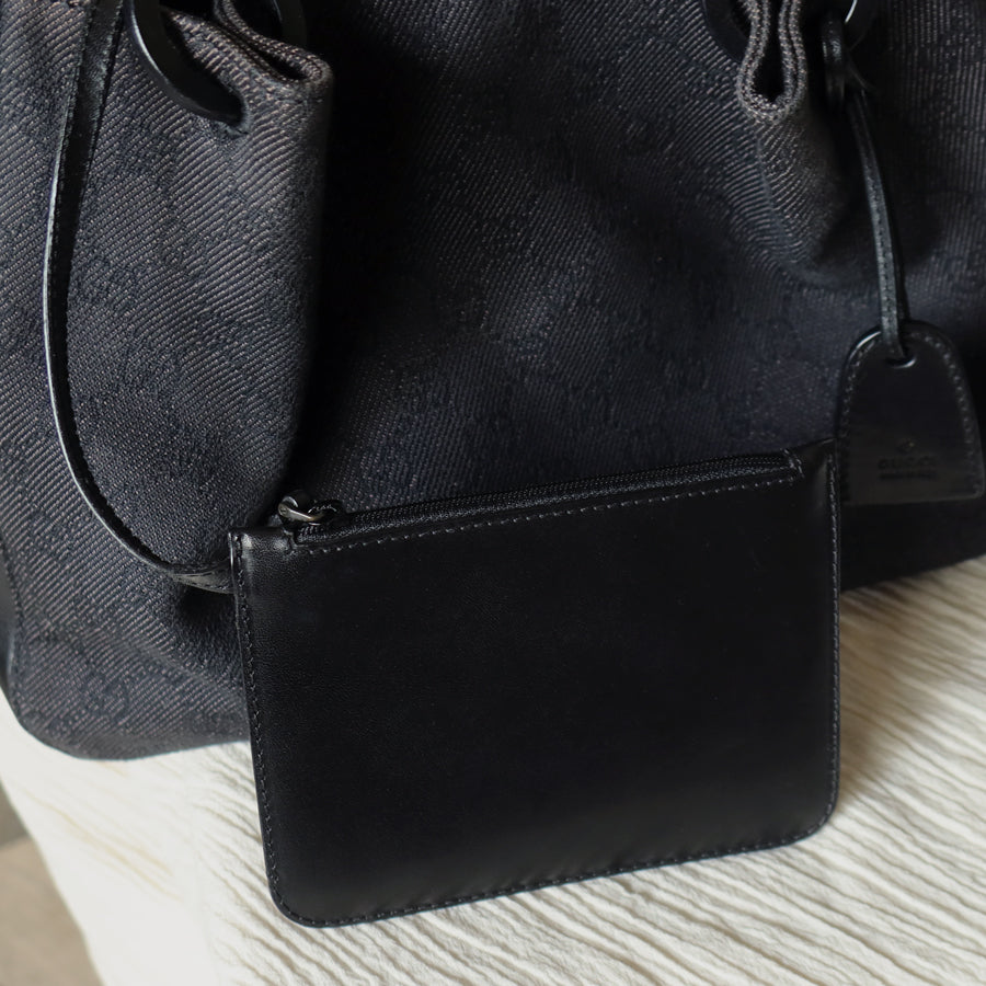 Gucci Vintage Black Denim-Canvas Leather Daily Tote Shoulder Bag with Gucci Charm