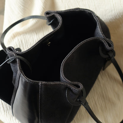 Gucci Vintage Black Denim-Canvas Leather Daily Tote Shoulder Bag with Gucci Charm