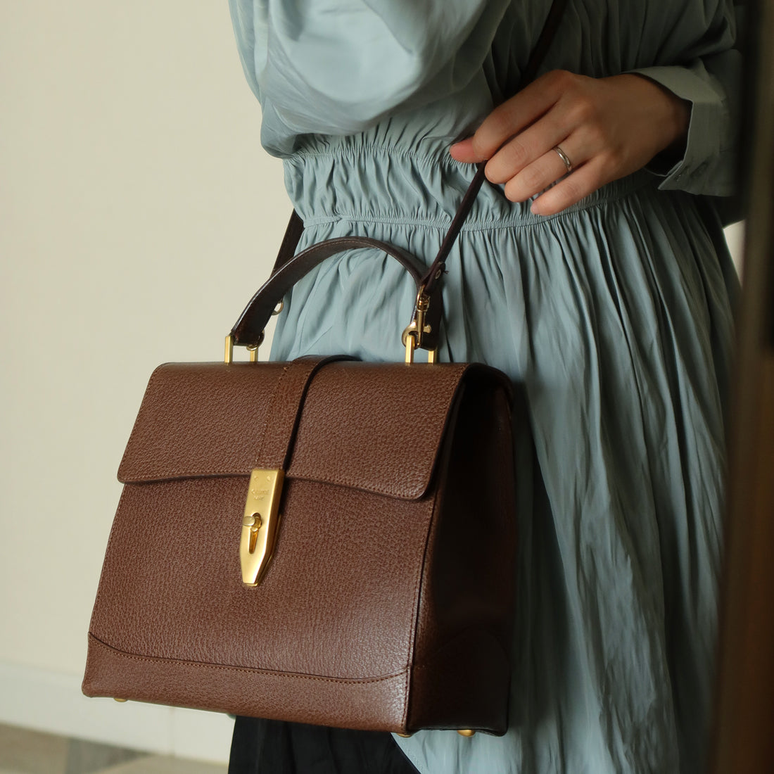 Rare Celine Vintage Dark Brown Gold Turn lock Top Handle Shoulder Flap Bag