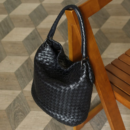 Bottega Veneta Vintage Black Intrecciato Ring Hobo style Bucket Shoulder Bag M