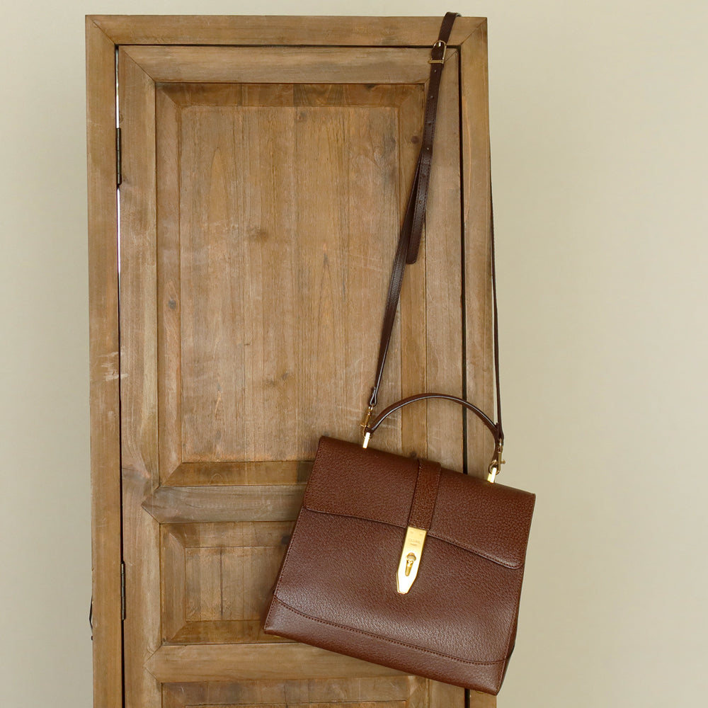 Rare Celine Vintage Dark Brown Gold Turn lock Top Handle Shoulder Flap Bag