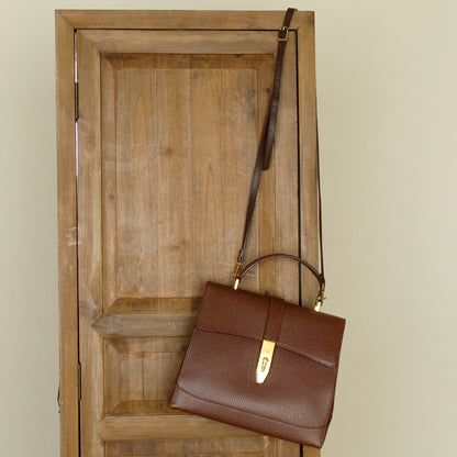 Rare Celine Vintage Dark Brown Gold Turn lock Top Handle Shoulder Flap Bag