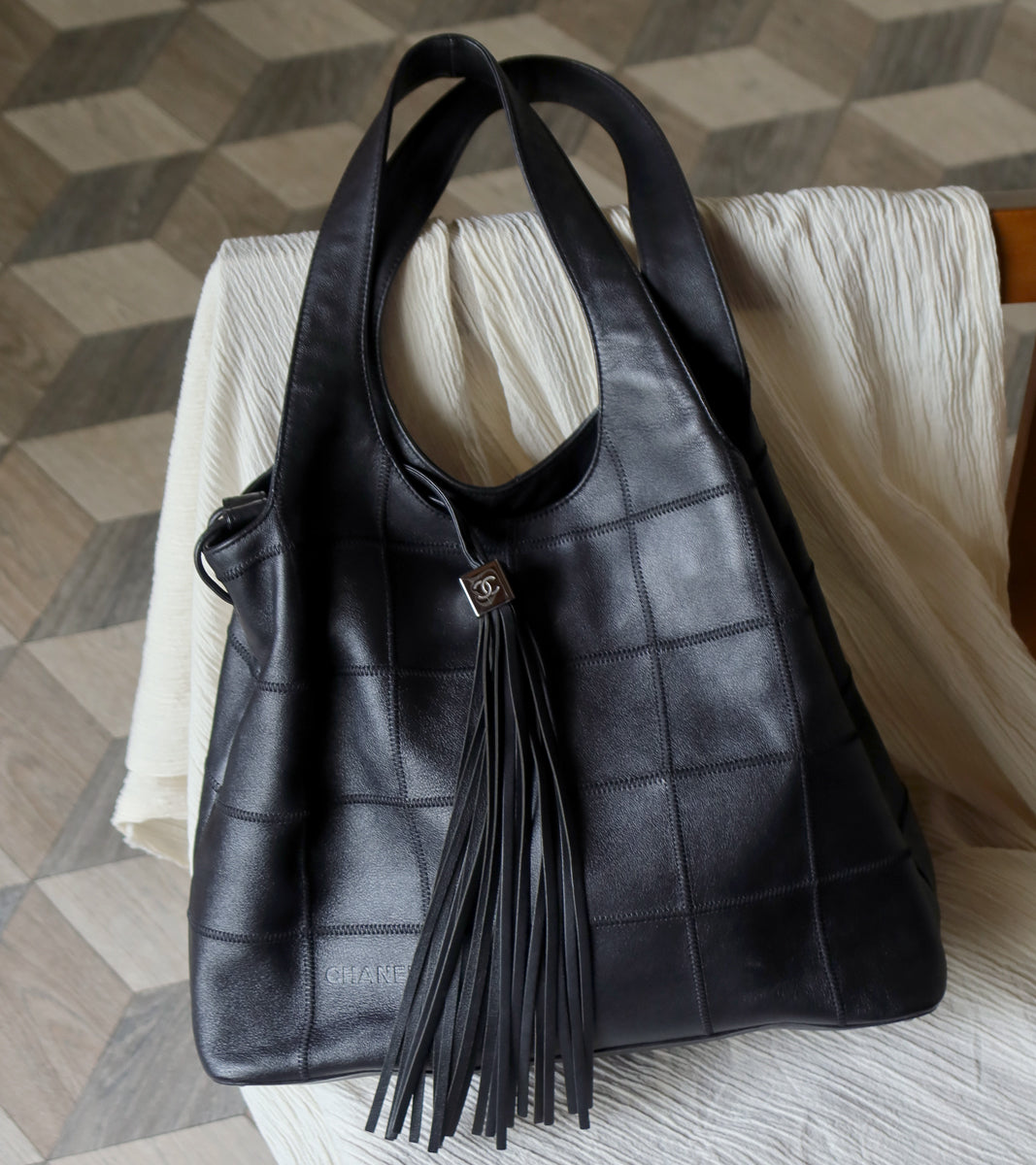 Chanel Vintage Black Square Stitching CC Tassel Hobo Tote Bag
