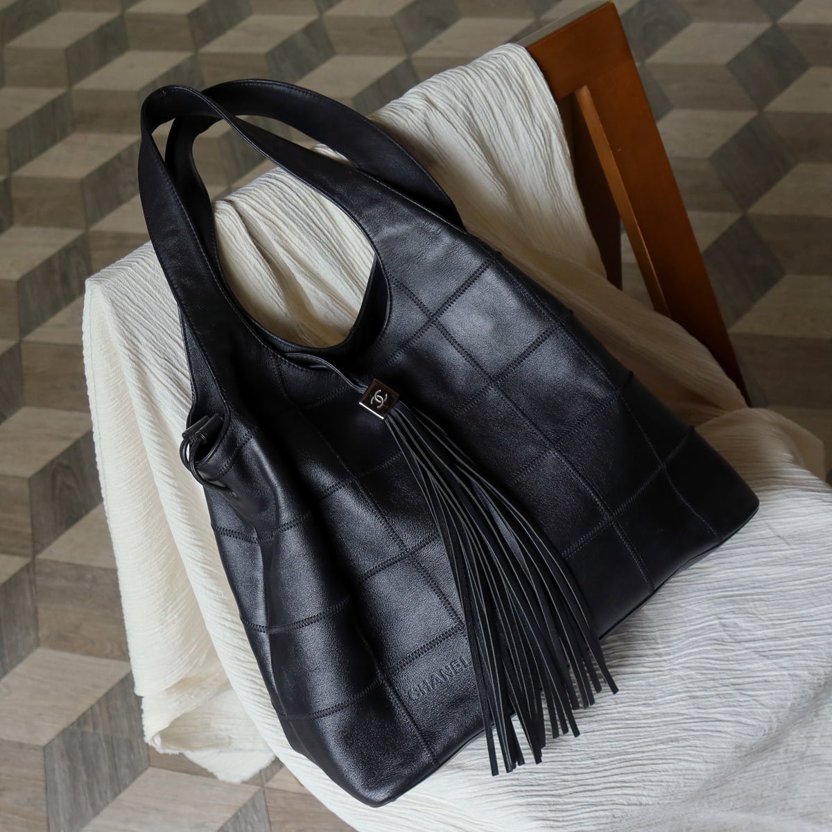 Chanel Vintage Black Square Stitching CC Tassel Hobo Tote Bag