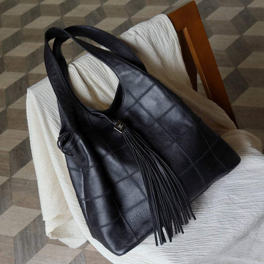 Chanel Vintage Black Square Stitching CC Tassel Hobo Tote Bag
