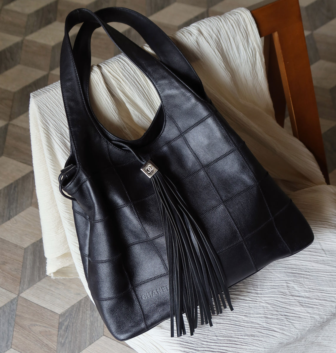 Chanel Vintage Black Square Stitching CC Tassel Hobo Tote Bag