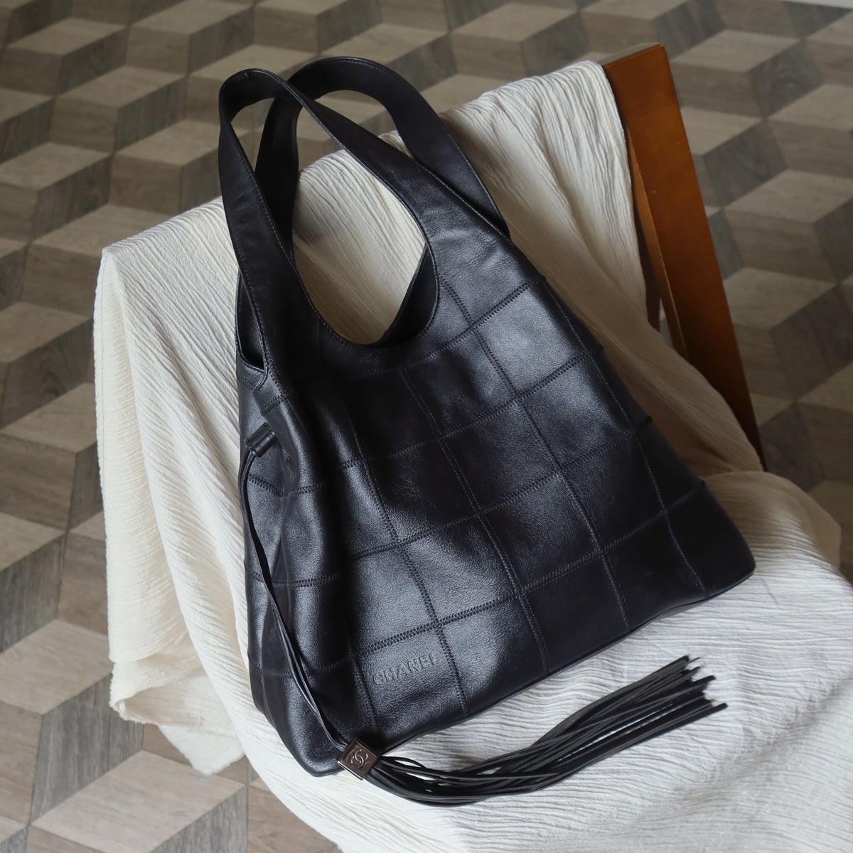 Chanel Vintage Black Square Stitching CC Tassel Hobo Tote Bag