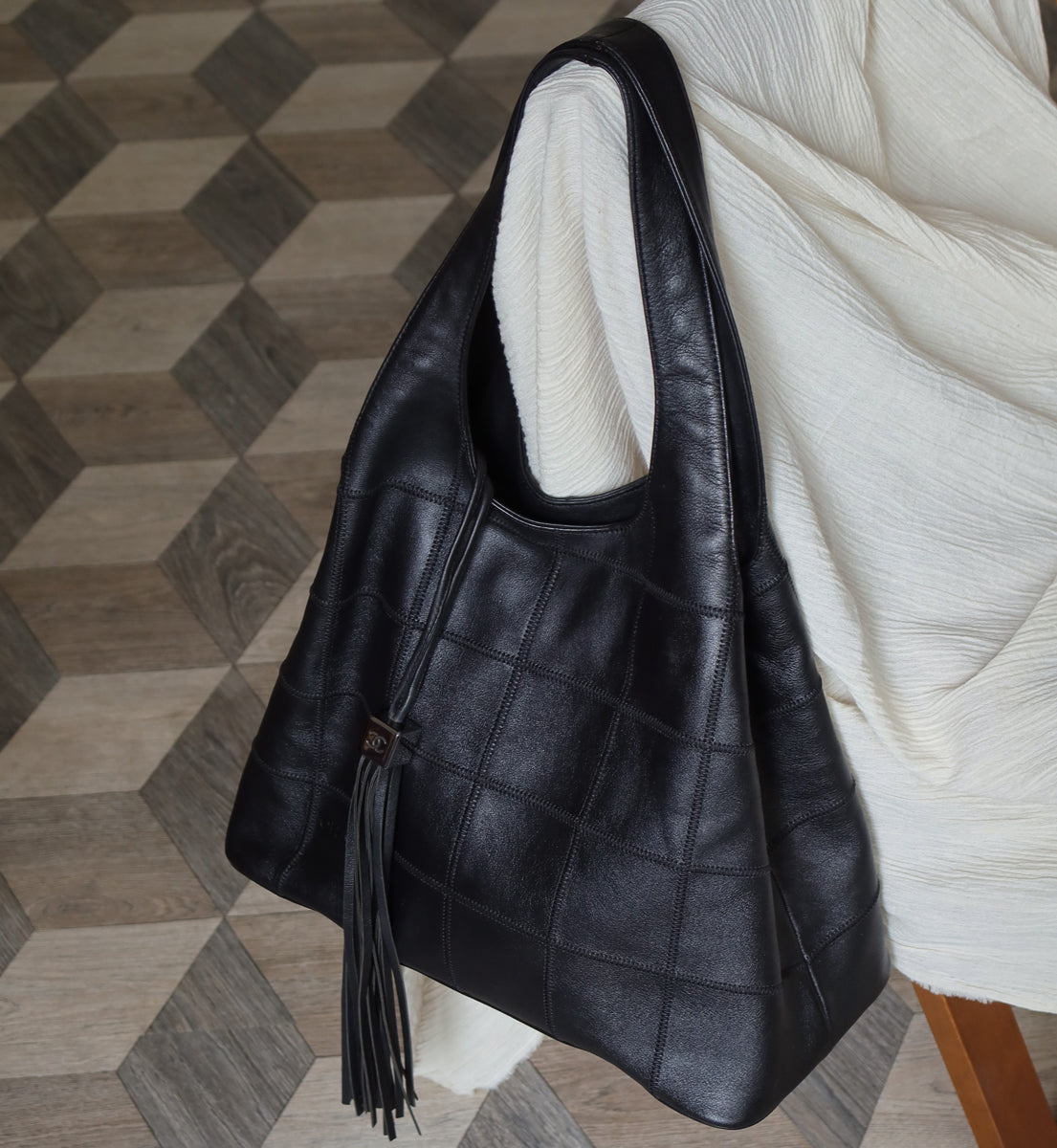 Chanel Vintage Black Square Stitching CC Tassel Hobo Tote Bag